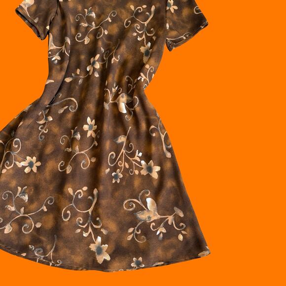 90's vintage brown earthy abstract floral chiffon short sleeve mini dress LARGE - Picture 3 of 7
